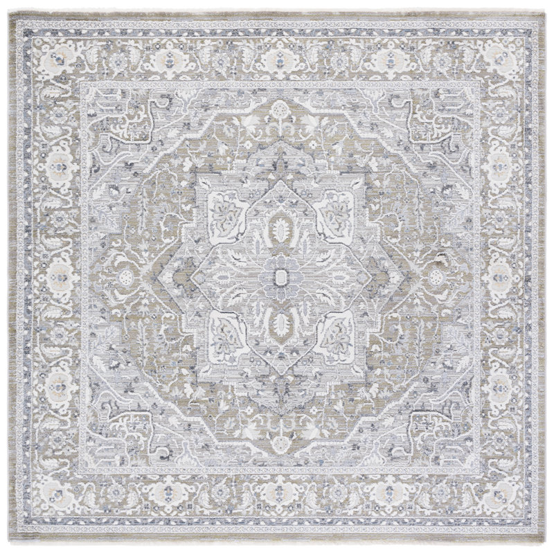 Clover Oriental Area Rug in Green / Light Grey, Gray, Square 6'7"