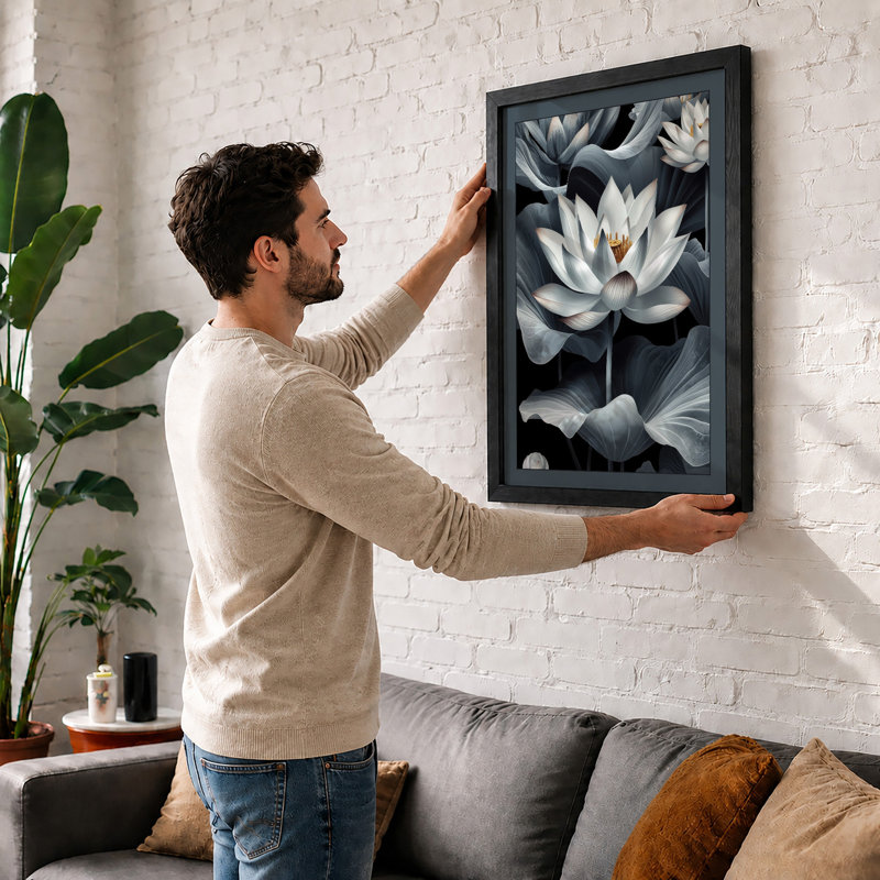 Moonlit Lotus Bloom Botanical - Framed Print, Unframed, A2 - 59.4 x 42.0 cm
