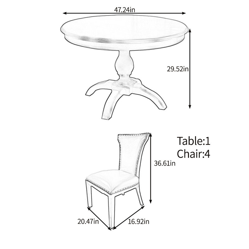 Solid wood round dining table set, 29.52"H x 47.24"L x 47.24"W
