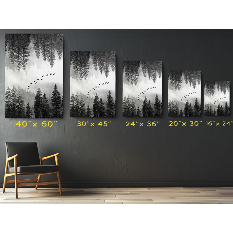 Forêt noire et blanche avec oiseaux, reproduction sur toile, 45" H x 30" W