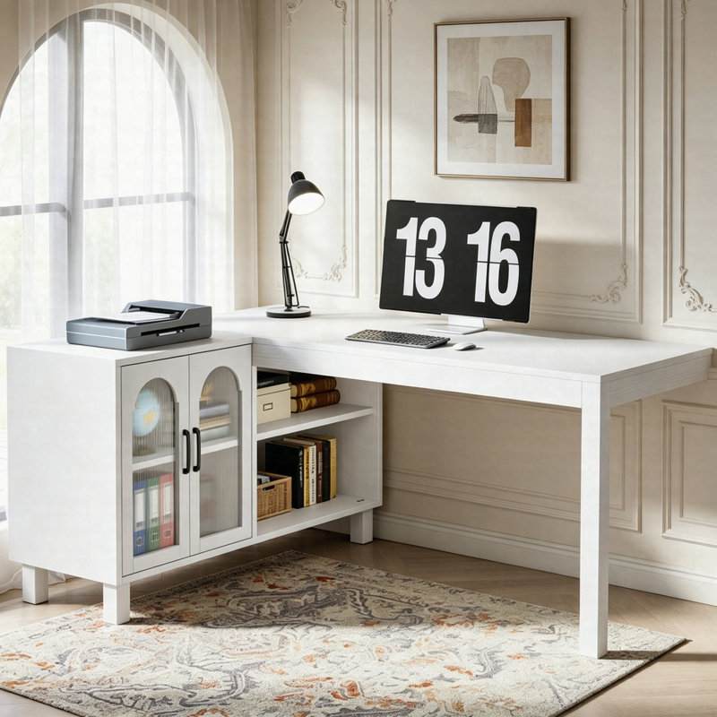 59" L-Shaped Executive Desk, Corner Computer Desk With Storage Cabinet & Shelves For Home Office, White