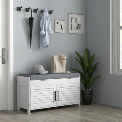 Range-chaussures blanc pour hall d'entrée, banc avec rangement dissimulé, siège rembourré, tablettes réglables, portes à volets, capacité de poids de 352 lb - blanc, compartiments de hall d'entrée, coussins jusqu'à