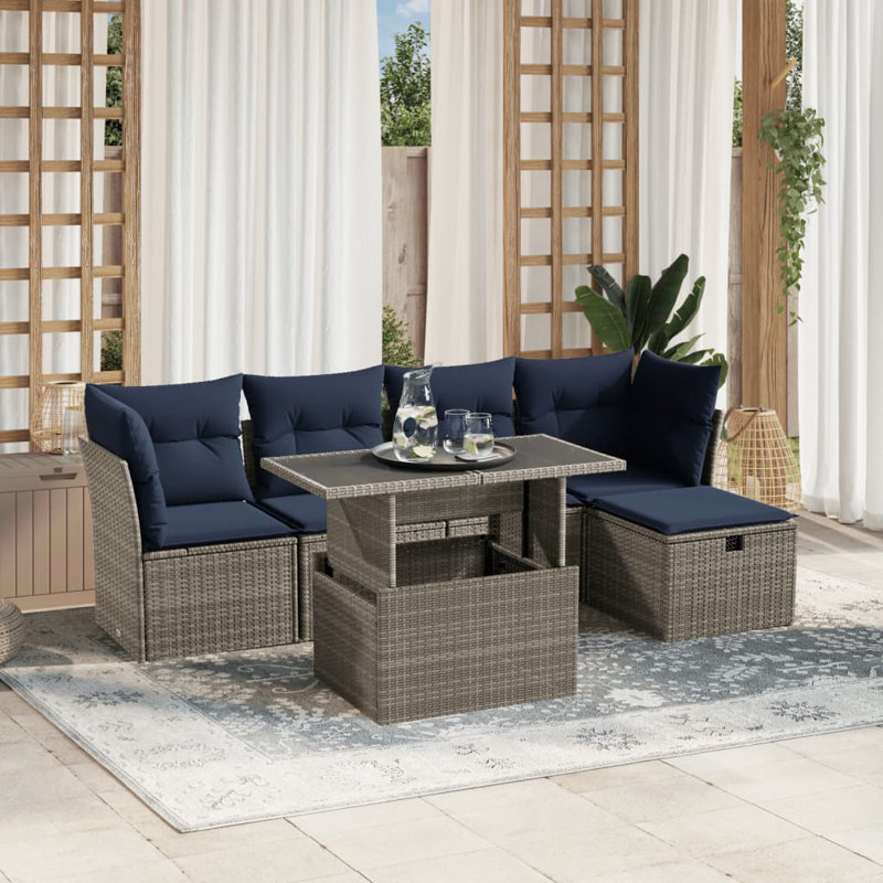  Ensemble de canapé de patio 6 pièces avec coussins en rotin de polyester, Gris, Bleu
