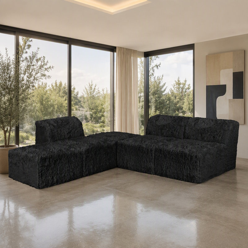 Fauteuil modulaire modulaire de couleur noire en fausse fourrure et mousse haute densité, L 81 po