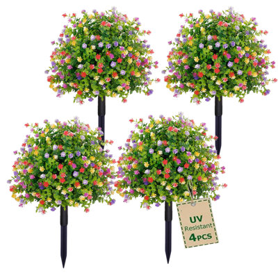 4 boules topiaires artificielles en forme de buis avec fleur, 21 "faux arbustes d'extérieur résistants aux rayons UV avec des pointes pour Noël et un décor de l'Action de grâce, fausses buissons avec fleurs pour le porche, le pot de fleurs et l'intérieur