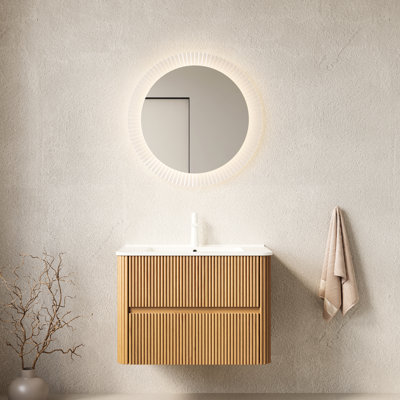 Meuble-lavabo de 30 po avec lavabo, lavabo en céramique blanche, armoire de contreplaqué flottante murale, 2 tiroirs, naturel, teinture facile à entretenir, rangement rectangulaire de style moderne à fermeture en douceur et en douceur