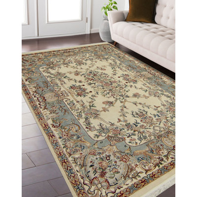 Tapis ivoire / gris fait à la main de couleur paon Jhoanny, 6 pi 1 po x 9 pi 2 po
