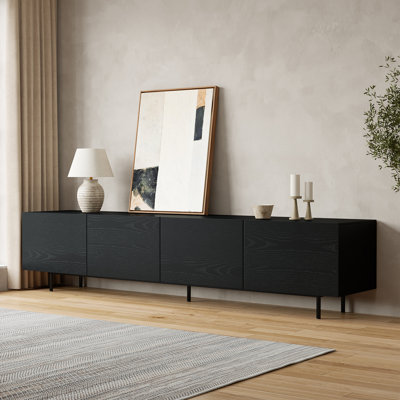 94.5″ Modern Black Wood Grain TV Stand for TVs up to 100″ with 4-Door Cabinet Storage and Metal Base