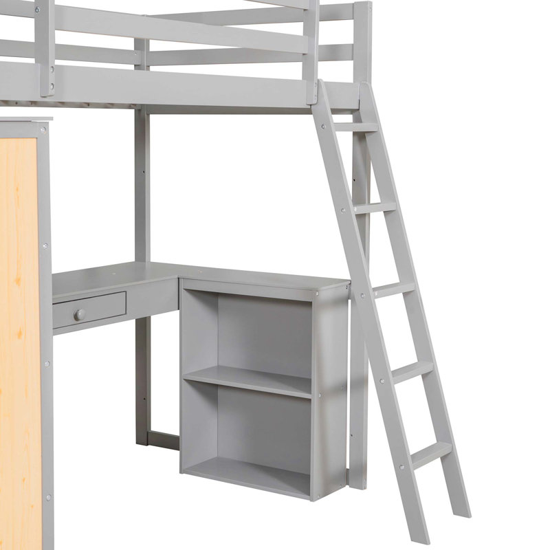 Lit mezzanine avec échelle, tablettes et bureau, gris, Simple