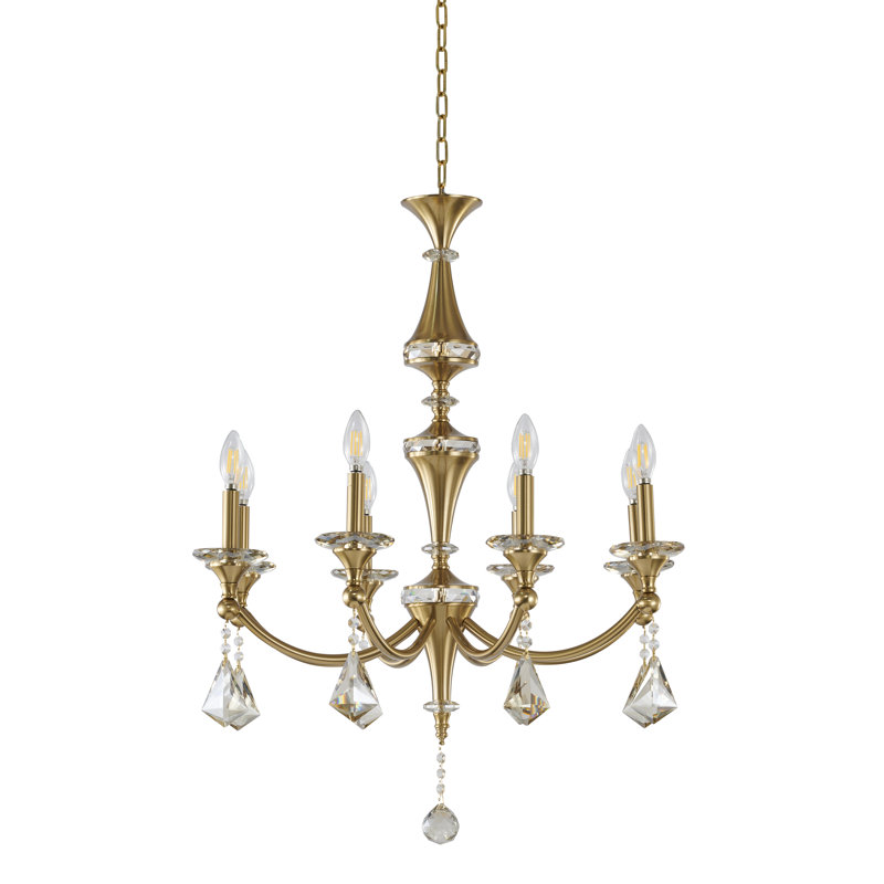 Traditional 8 Light Satin Brass Crystal Chandelier, Satin Brass, Champagne