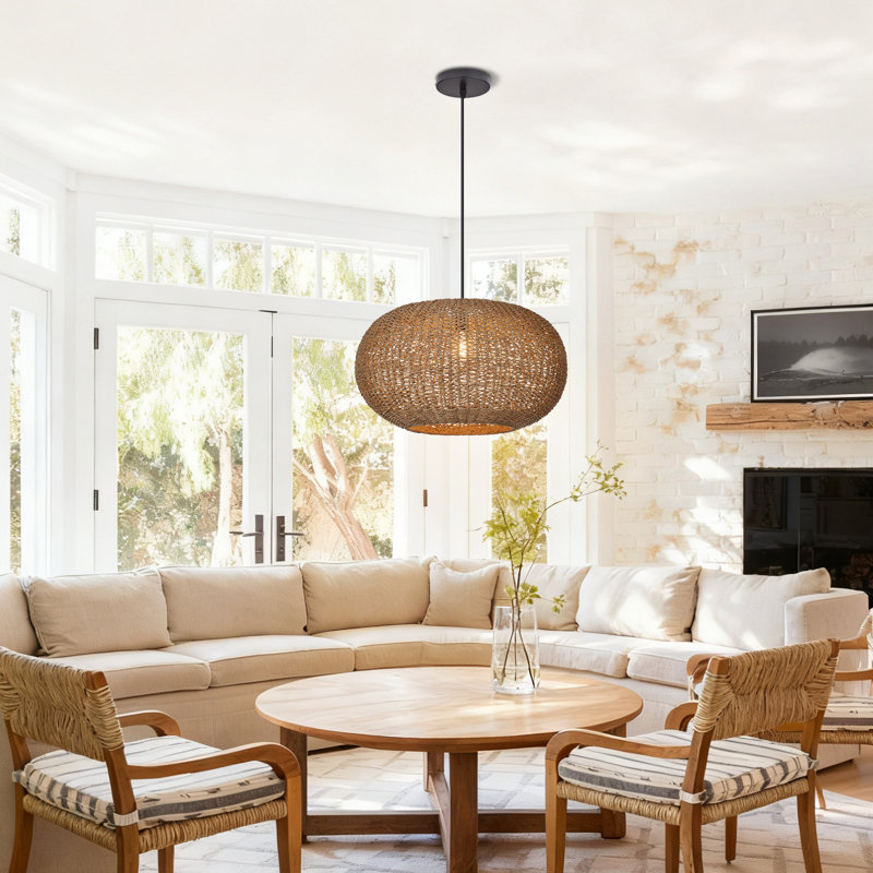 Coastal Style Rattan Pendant Lamp for Kitchen Island, 14.57" H x 23.62" W x 23.62" D