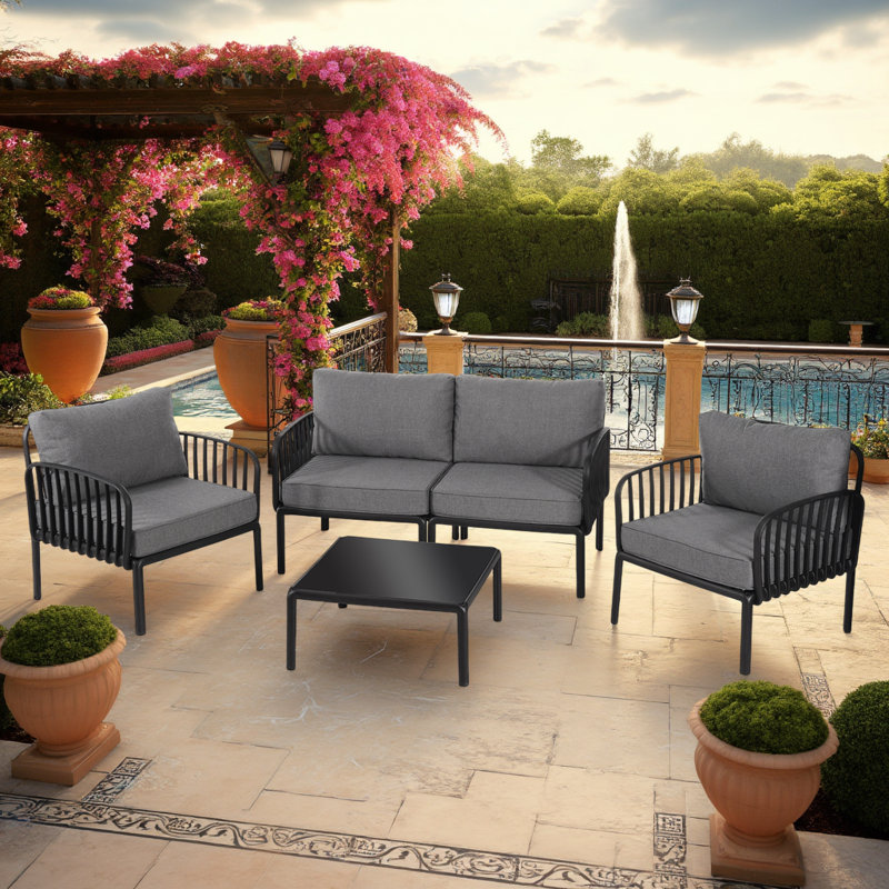 Ensemble de canapé d'extérieur 4 pièces avec table basse en verre, ensemble de conversation pour patio avec causeuse et chaises