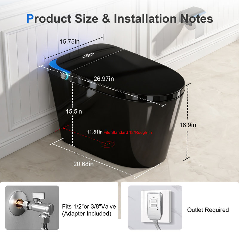 Modern Tankless Smart Toilet with Built-In Bidet & Touchless Flush, Black