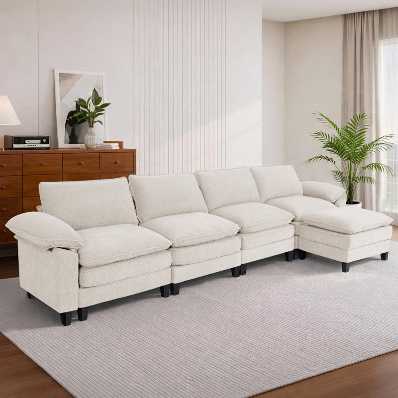 Canapé d'angle rembourré avec 1 repose-pieds, Chenille beige, H 37,4 po x l 146,5 po x P 61 po