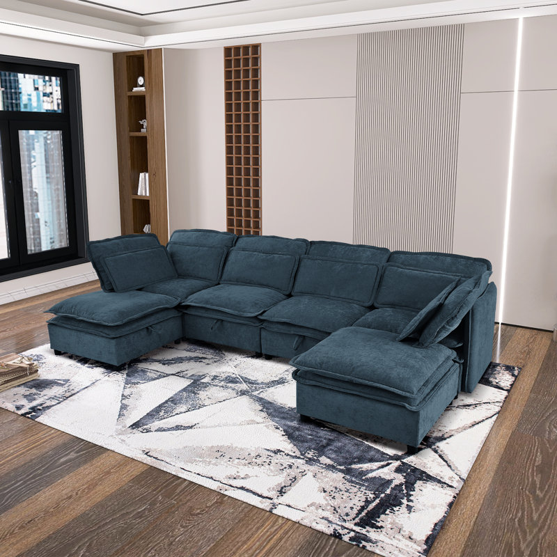 Modern Modular Sofa with Storage Seat Cushions, Dark Blue Polyester