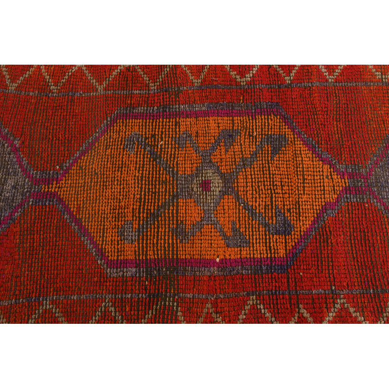 Red Wool Kilim Runner Rug, 33.9x135.8 Inches Geometric Pattern