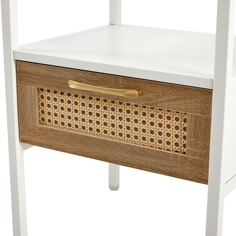Set Of 2, 15.75" Rattan End Table With  Drawer, Modern Nightstand, Metal Legs,Side Table, White