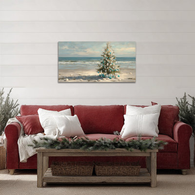  Art côtier de Noël côtier, décoration murale arbre de vacances en bord de mer, impressions sur toile de Noël bleu et blanc, affiche de peinture suspendue scène d'hiver pour salon, chambre à coucher, bureau, 48 po x 24 po