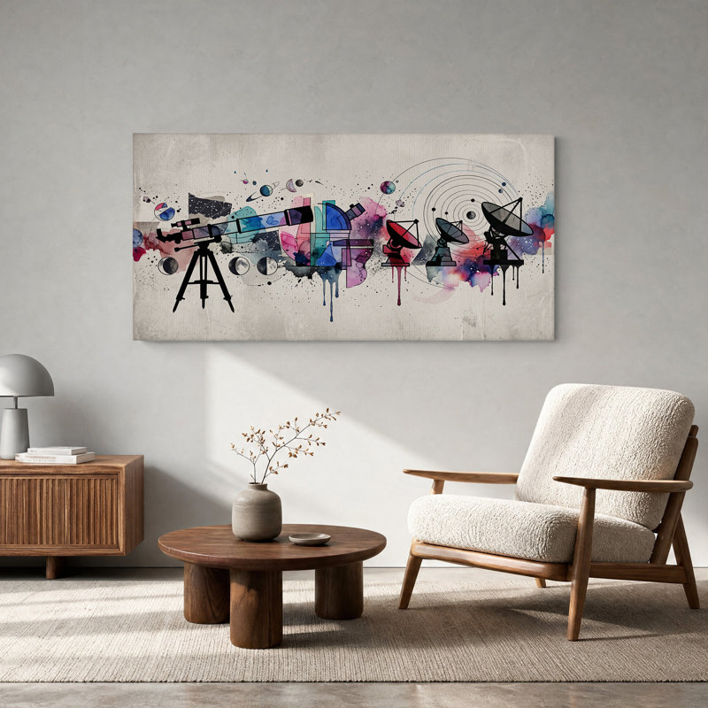 "Telescopes and Satellites", art mural aquarelle coloré, L 32 po x H 16 po