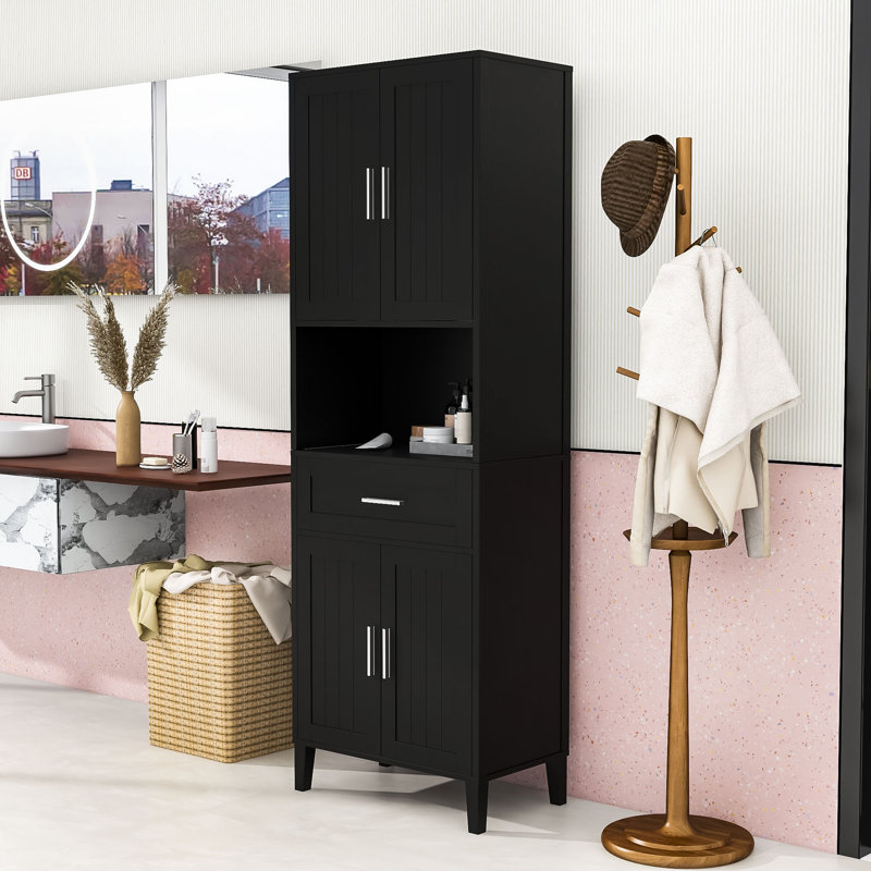 Tall Freestanding Storage Cabinet with Adjustable Shelves, Soft-Close Door, Open Storage and Drawer, Matte Black