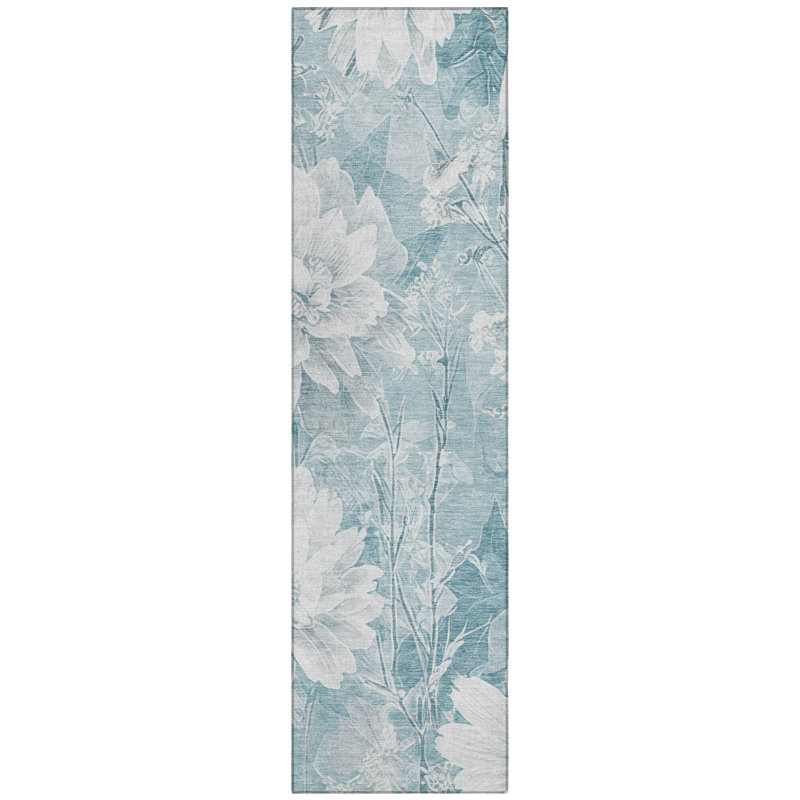 Tapis floral intérieur / extérieur lavable à la machine Chantille ACN2882, Turquoise, Tapis de couloir 2 pi 3 po x 7 pi 6 po