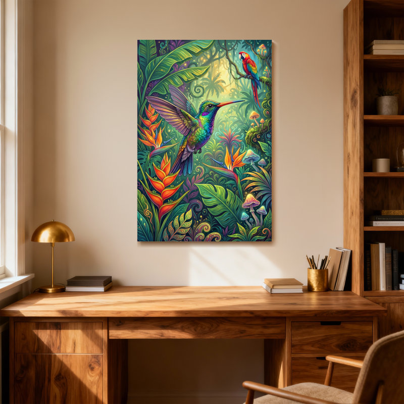 Animaux, oiseaux tropicaux et fleurs exotiques, H 20 po x l 30 po