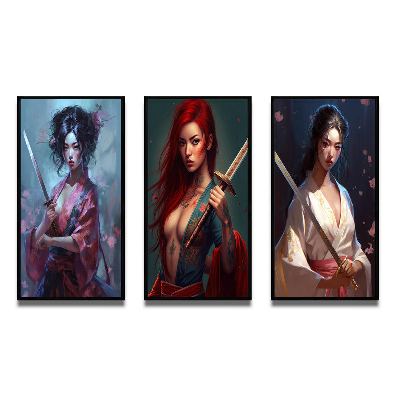 «Samurai Cyberpunk Chick», 3 pièces sur toile, Cadre flottant noir, H 28 po x l 36 po