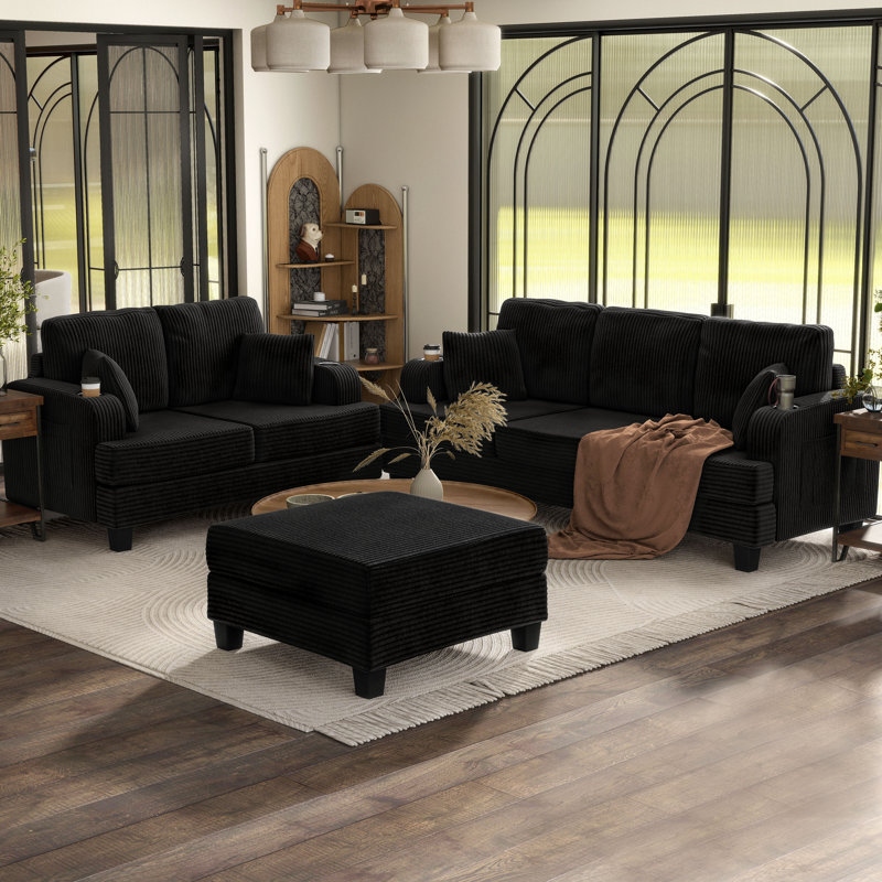 Ensemble de canapé en chenille 2 pièces Luka, Noir, 3 pièces: canapé, causeuse, fauteuil
