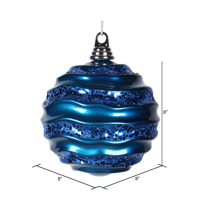 Ornement de Noël boule rayée et scintillante, H 8 po x l 8 po x P 8 po, Bleu mer