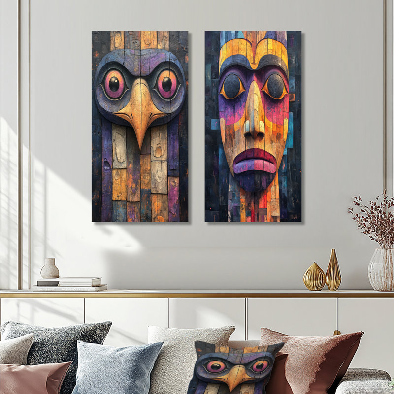 Black Ravens Call Totem I - Native American Art Totem Wall Art 2 pièces, H 40 po x l 40 po, Ne s’applique pas