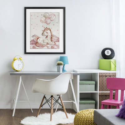 Pink Unicorn with Balloons Framed Print Under Glass, design by LSR Design Studio