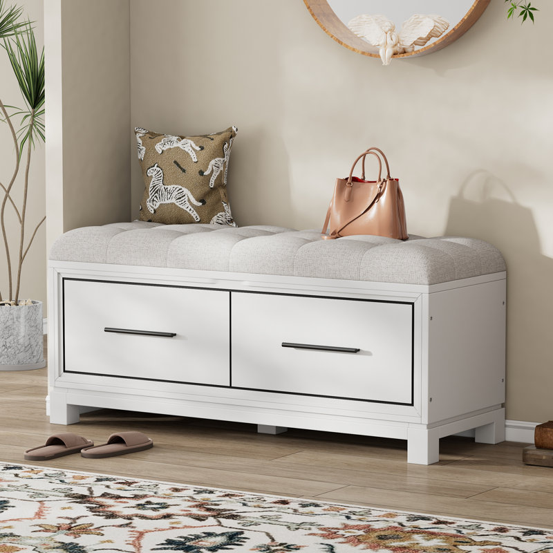 Shoe Bench with Removable Cushion, Entryway Storage Bench, White