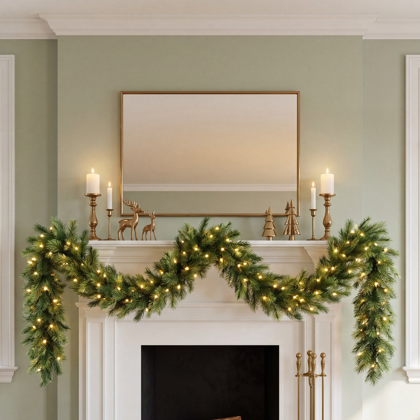9' Dandan Flocked and Plug-In Pine Pre-Lit Garland with Lights, Gold/Green