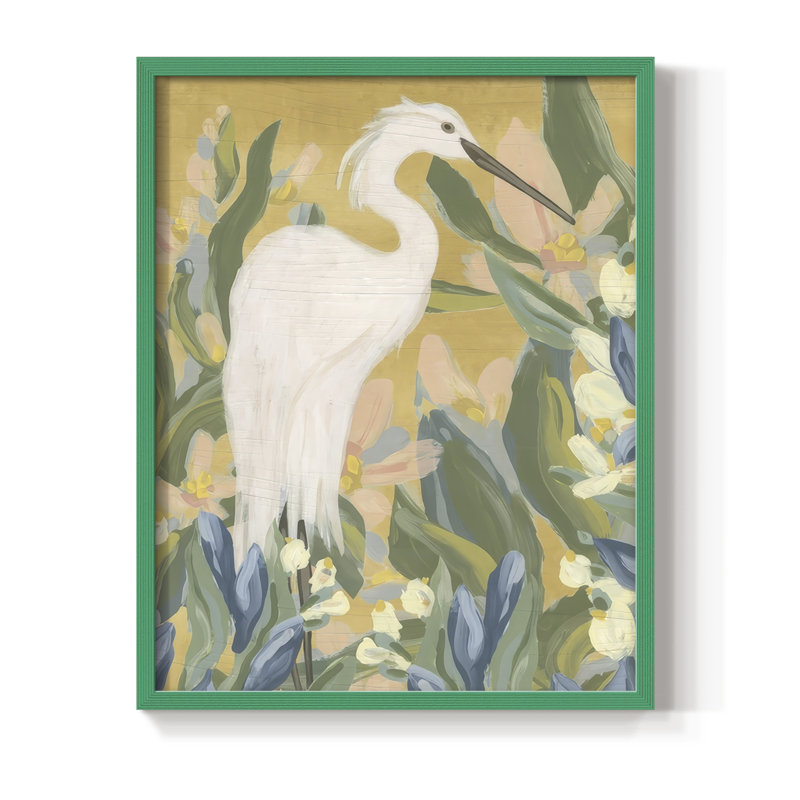 Floral Egret II, reproduction encadrée - bois massif, Vert, H 15 po x l 12 po