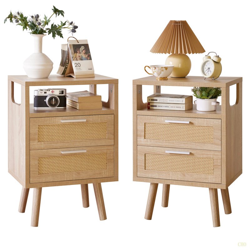 Ensemble de 2 tables de chevet avec rangement à 2 tiroirs et table de bout moderne en bois avec poignées 15,4 po