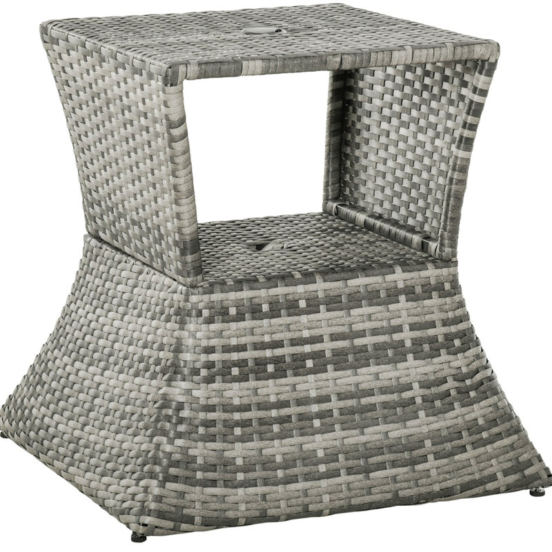 Rattan Wicker Side Table With Umbrella Hole And 2 Tier Storage Shelf, Gray, Gray