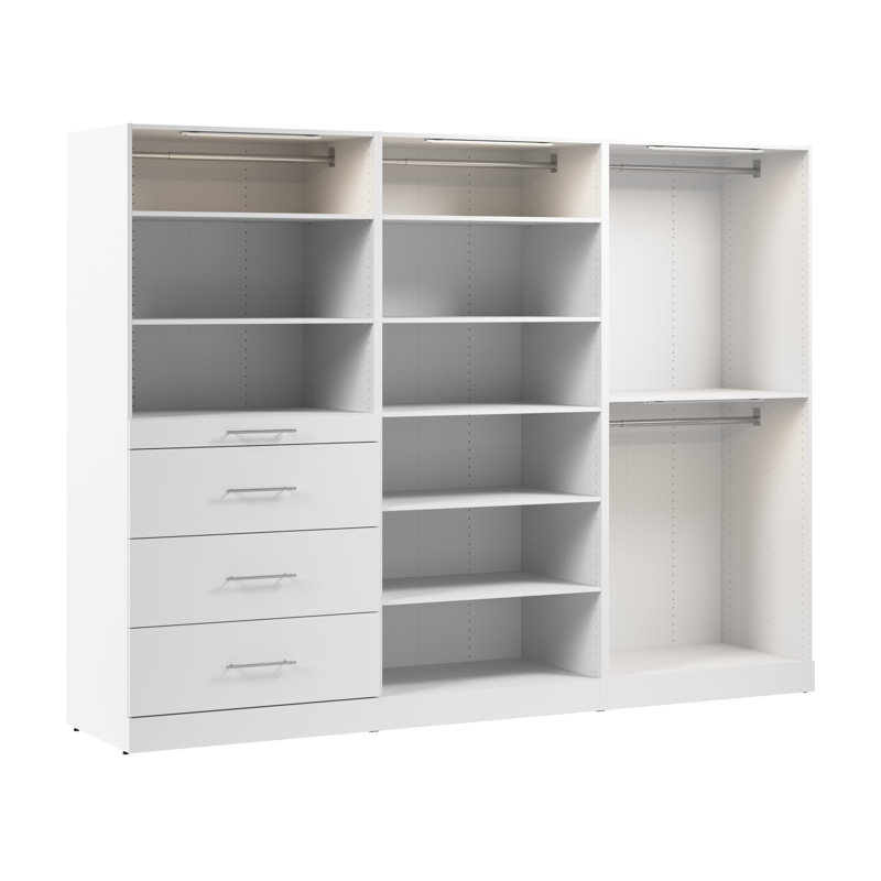 Bestar Florence 107W X 25D Modular Walk-In Closet System With LED Lights, Rods, Shelves, And Drawers, Slab Style