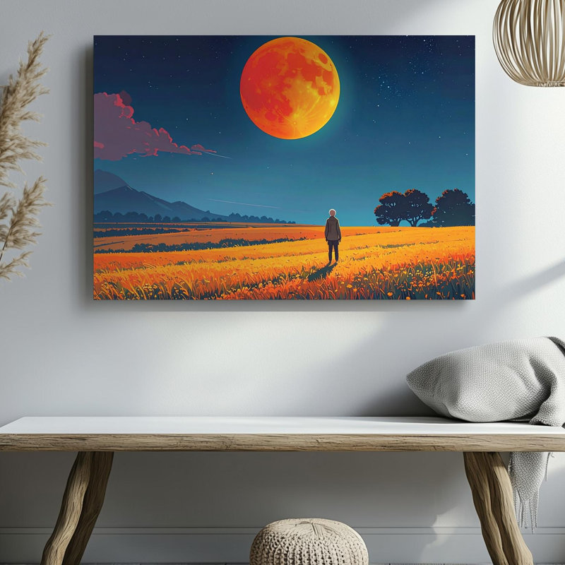 Toile, art mural, solitaire, lune orange et ciel étoilé, prêt à accrocher, H 9 po x l 12 po