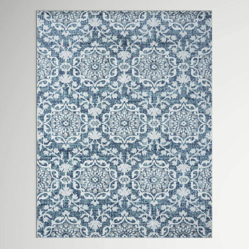 Korth Damask Area Rug, Rectangle 5' x 8', Blue/Gray/White