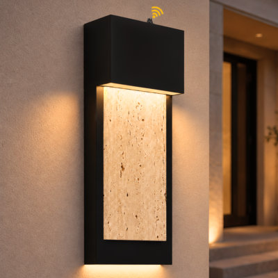 15.1" Modern Exterior LED Wall Sconce, Dusk to Dawn Photocell Auto Activation, Dimmable 3000K 8W×2 LED, Matte Sand Grain Black Iron & Black Travertine Stone, Weatherproof Hardwired Lighting for Front Porch & Entryway