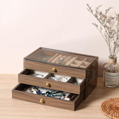 Organisateur de bijoux à 3 niveaux en noyer, tiroir en bois avec doublure en velours, boîte à bijoux pour bagues, boucles d'oreilles, bracelets et colliers