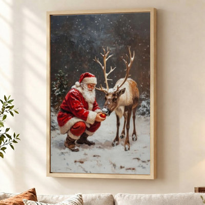 Vintage Santa Kneeling with Deer Gold Christmas Floater Framed Canvas Wall Art 16" W x 24" H