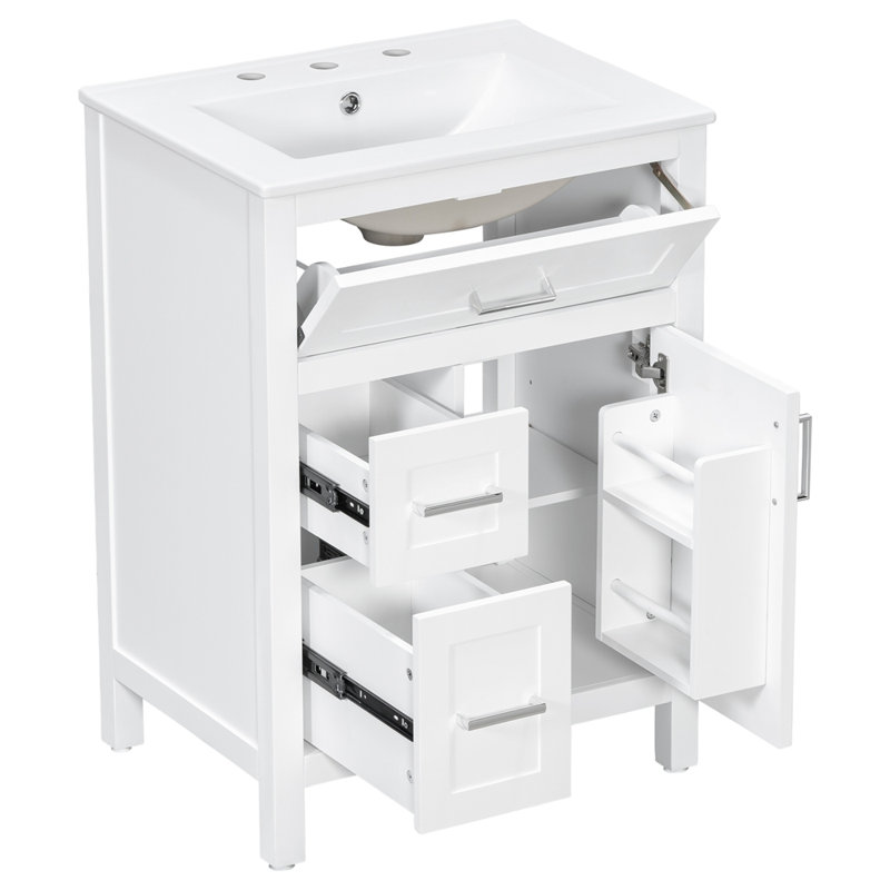 Meuble-lavabo de 24 po avec lavabo en céramique, structure en bois massif avec armoire en bois aggloméré, armoire de rangement de salle de bain avec 1 porte, tiroir rabattable et 2 tiroirs, charnières à fermeture en douceur, tablette réglable, poignées argentées