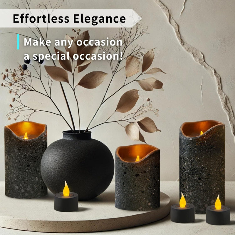 6-Pack Black Glitter Real Wax LED Candles - 3 Pillars + 3 Tealights, 5/19 Timer, Battery-Included, Ideal for Home Décor
