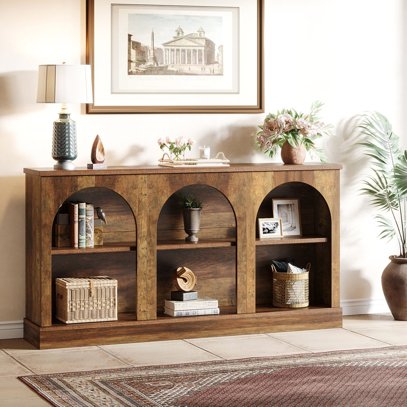 63-Inch Long Farmhouse Wooden Rectangular Entryway Console 3 Tier Storage Sofa Table Behind Couch, Brown