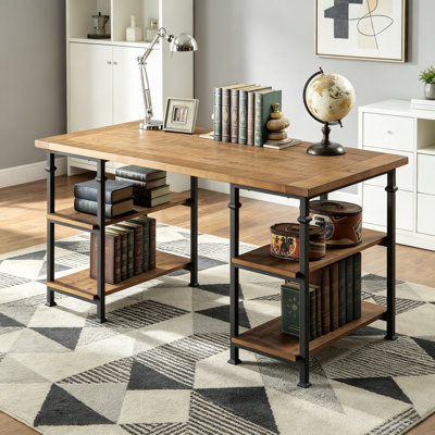 Vintage Industrial 1Pc Writing Desk With 4 Open Shelves Rustic Solid Wood And Metal Furniture Modern Design Office Table