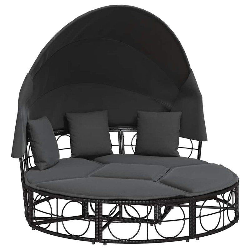  Lit de patio avec auvent et coussins en rotin de polyester noir