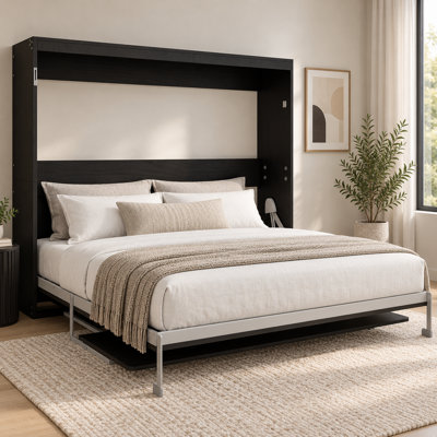 Foldaryn Queen Size Murphy Bed with Integrated Desk, Space-Saving Fold-Down Wall Bed, Modern-Style MDF and Metal Frame, 26 Solid Wood Support Slats, A