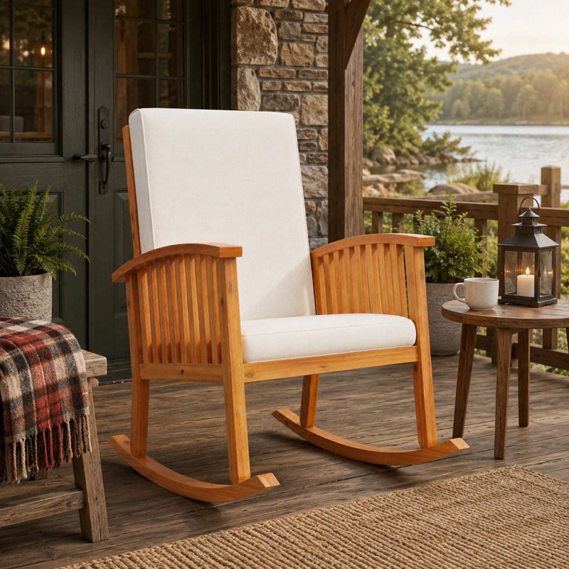 Chaise berçante d'extérieur rustique, bois d'acacia de la Casa, salon de jardin rembourré et confortable, Brown