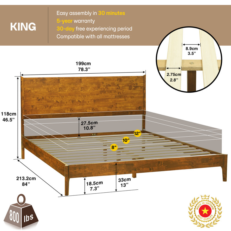 Haven King Solid Wood Bed Frame with Headboard, Caramel Finish Scandinavian Platform Bed All Mattress Support, 800 lbs Capacity, Noise-Free & Non-Slip Design